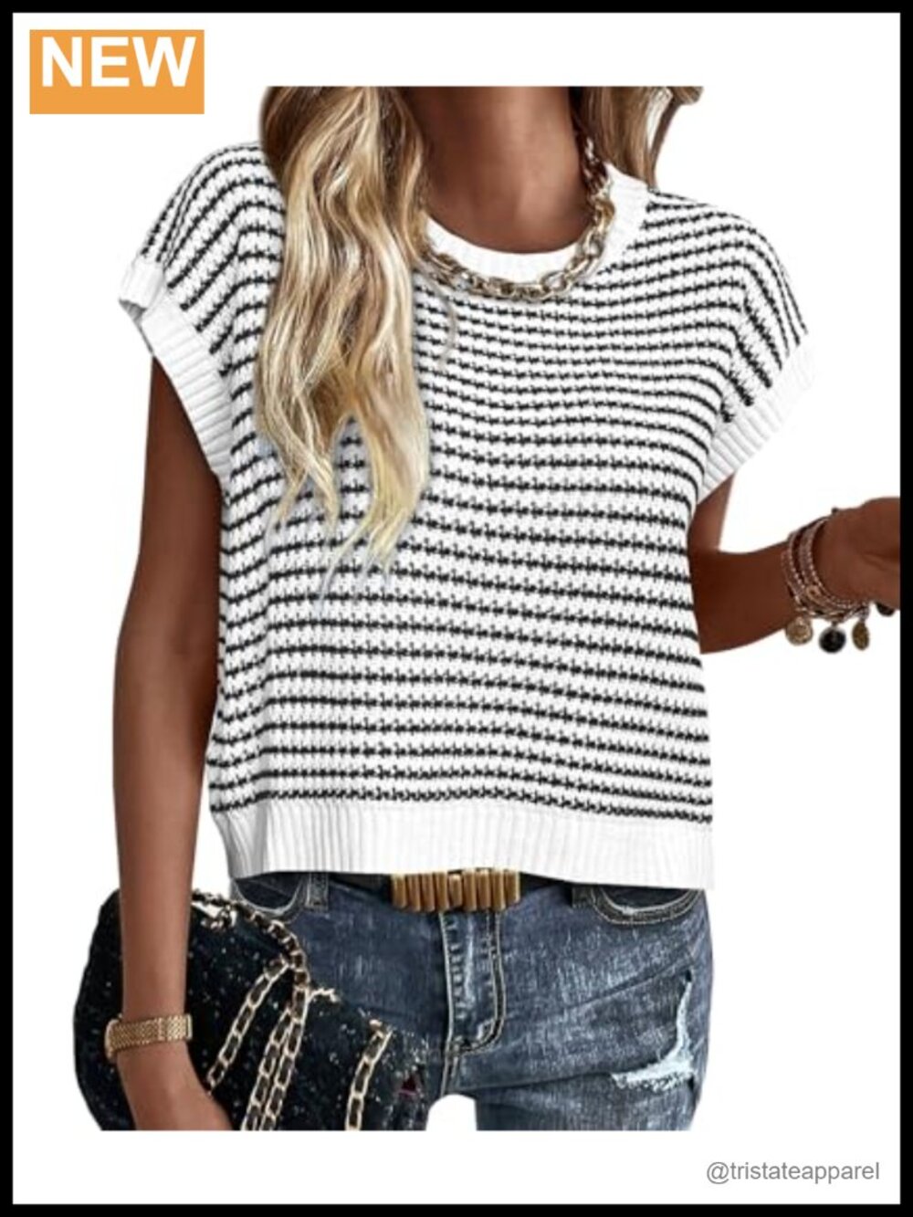 Striped Short Sleeve Sweater Vest Knit Pullover Cap Sleeve Crew Neck